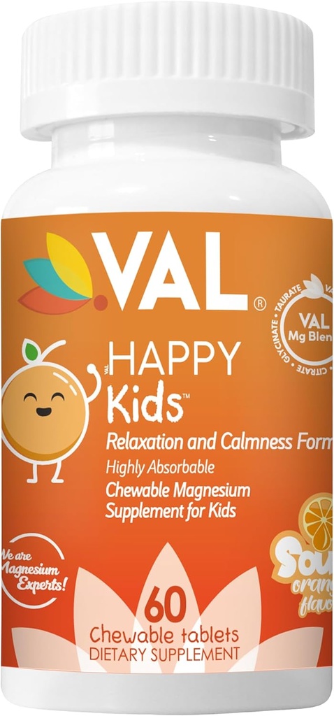VAL Kids Magnesium- 124; Calm + Focus Formelle 124; 100mg Mg (Glycinat, Citrat, Taurat) + B6, D3, C - 124; Sugar- Free, Non- Gmo - 124; Fun Chewable Tablets - 124; Orange Flavor - 124; 60 Ct