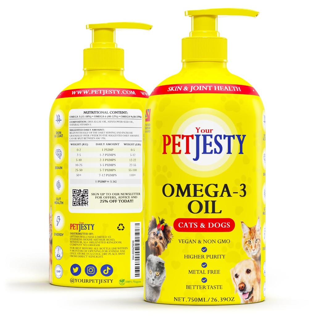 Petjesess Pure Omega 3 Oil for Dogs & Cats 26.39oz - Omega 3 Skin & Coat Support - Flydende kosttilskud til kæledyr - Vegansk kæledyr + DHA for fælles funktion, Immun & Heart Health, Non Fish Oil Dog og Kat