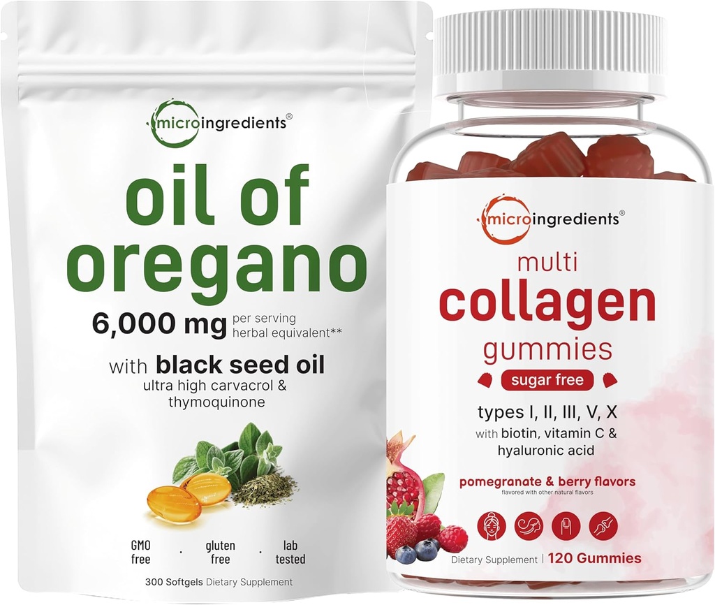 Micro Ingredients Oil of Oregano Softgels 6,000mg Per Serving & Multi Collagen Peptider Gummies Bundle Pack Shul 124; 4X Strength Carvacrol & Thymoquinon Shain 124; Type I, II, III, V, X Protein