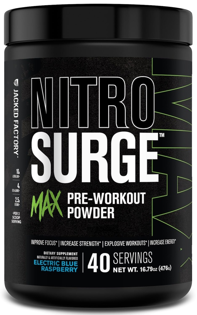 Jacked Factory Nitrobølge Max High Performance Pre Workout Powder - Pre Workout w / Nootrope Ingredienser til Intense Fokus, Pumper, Glat energi, Endurance - 40 Servering, Elektrisk Blå Hindbær
