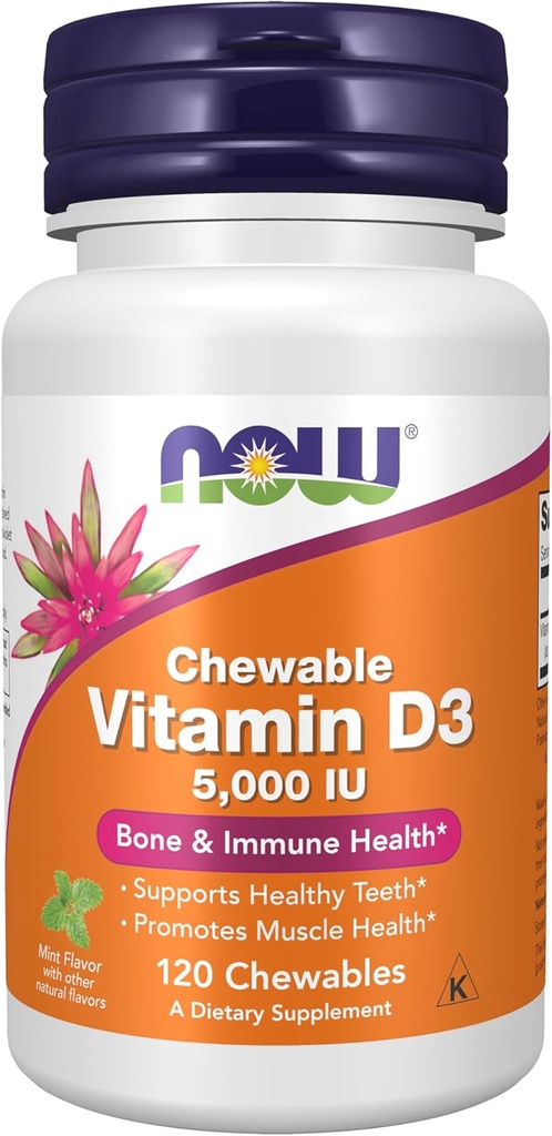 Now Foods Supplements, D3- 5000 IE Vitamin, Natural Mint Flavor, Structural Support *, 120 Chewables