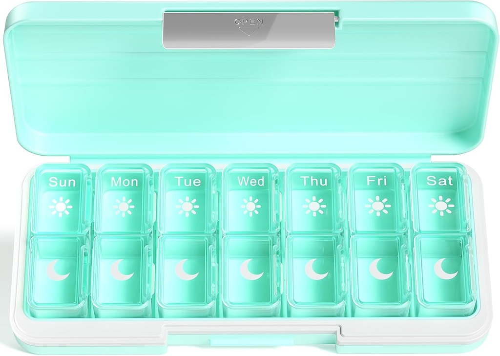 Zoksi Am Pm Pill Organizer 7 Dag, Ugentlig Pill Box 2 gange om dagen, Medicin Pill Organizer med separat kompartment, Rejse Pill sag Dispenser Portable for Vitaminer, Fish Oliils, Medicines (Green)