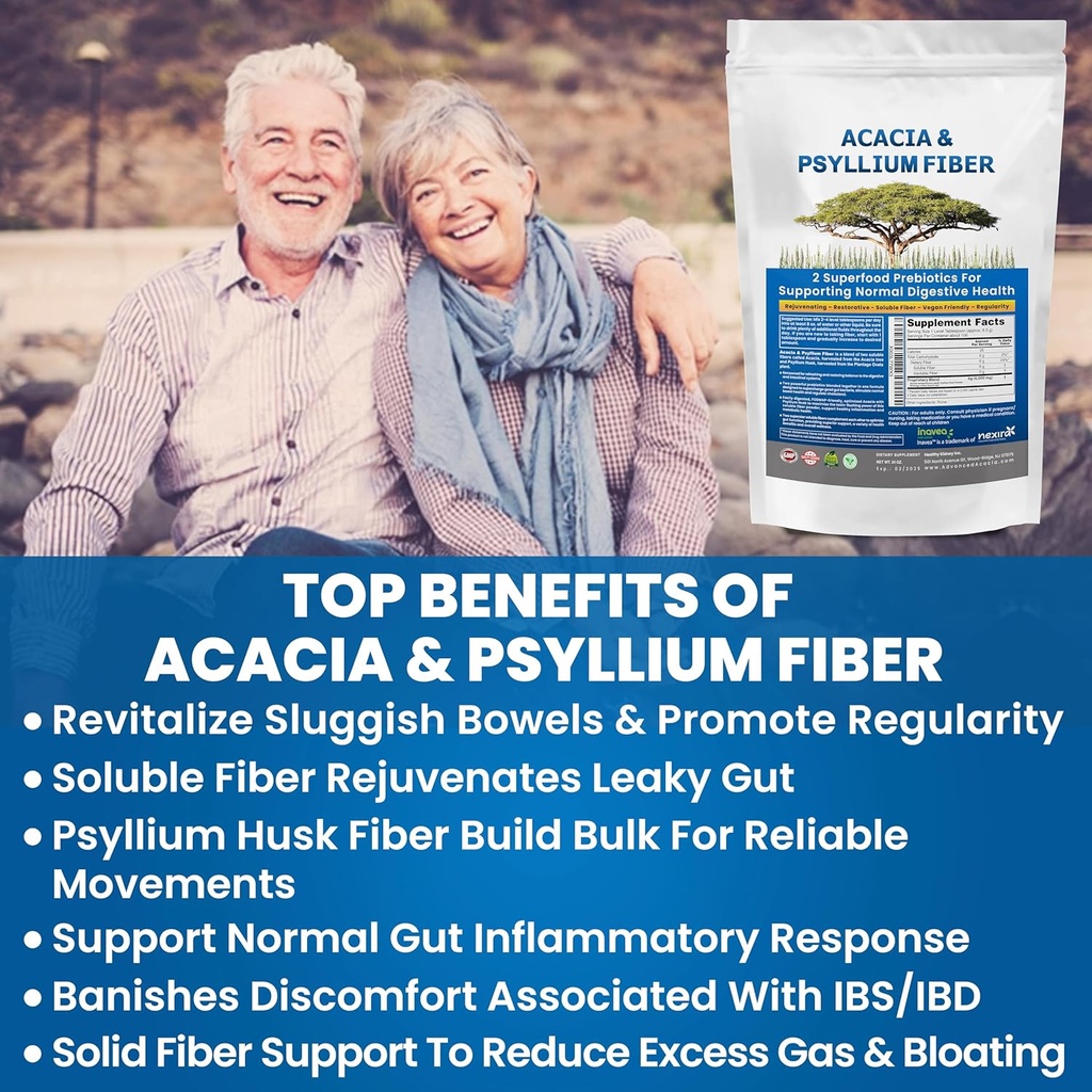 Nyregendannelse Organic Acacia & Psyllium Husk Fiber Powder - Prebiotic & Natural Supplement - Opløselige Acacia & Psyllium Husk Powder - 1,5 lbs (48oz), 2 pakker