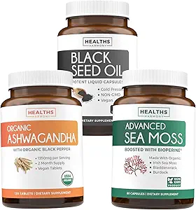 Spar $8 (16% Off) - Harmony Essentials: Wellness Trio Bundle - Black Seed Oil -100% Cold- presset Nigellia Sativa Budd124; Organic Ashwagandha - Natural Adrenal & Thyroid Support Budd124; Irish Sea Moss - Vegan