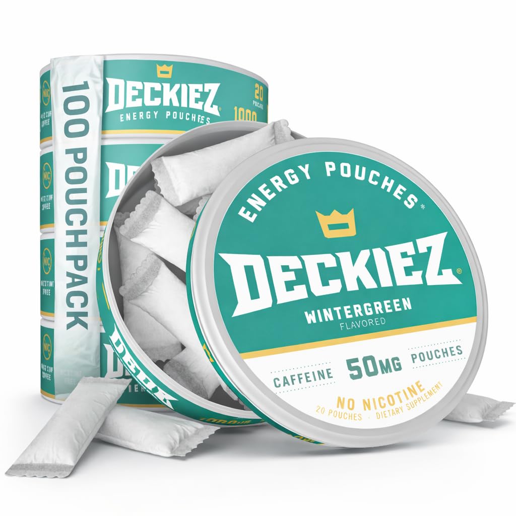 Deckiez Energy Pouches, 5 Cans (100 Servere), Sukker gratis koffein supplement, Kaffe Pouches & Energy Drink Alternativ, 50mg Koffein Pouches, Wintergreen Flavor