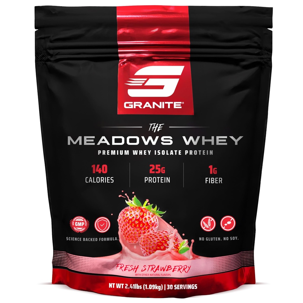 Granit kosttilskud Meadows Whey Protein Isolate Protein Powder for Lean Muscle med 150 kalorier, 2g Fiber, 1g Sukker (30 Servere), Frisk Jordbær Arv