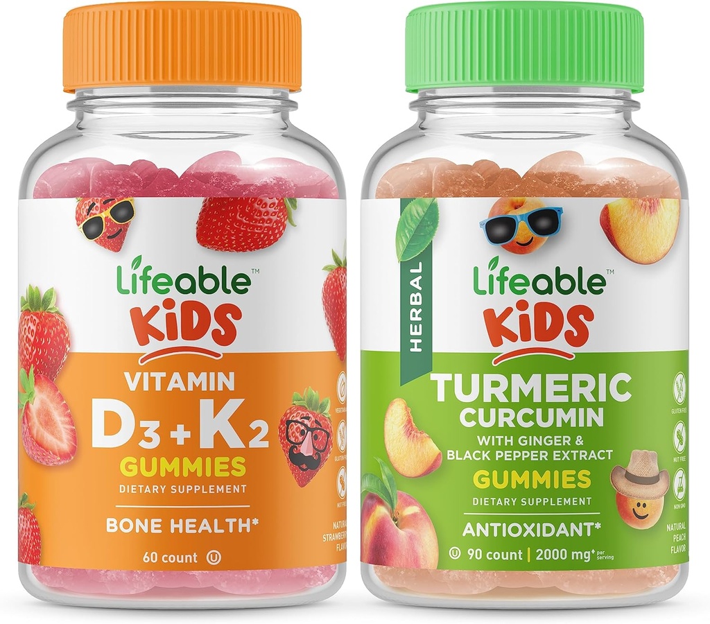 Lifeable Vitamin D3 + Vitamin K2 Kids + Gurkemeje Kids, Gummies Bundle - Great Tasting, Vitamin Supplement, Gluten Free, GMO Free, Chewable Gummy
