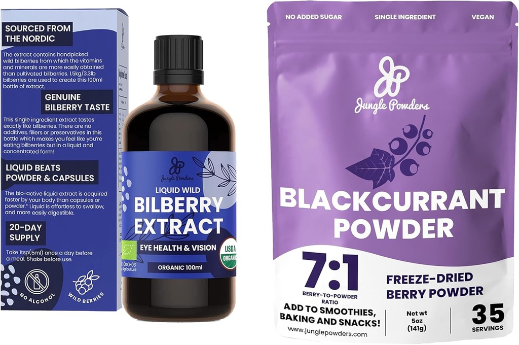 Jungle Powders Wild Bilberry Extract for Eyes USDA Organic 3.4oz Blackcurrant Powder Bundle Freeze Dried Black Currant Extract for Smoothies