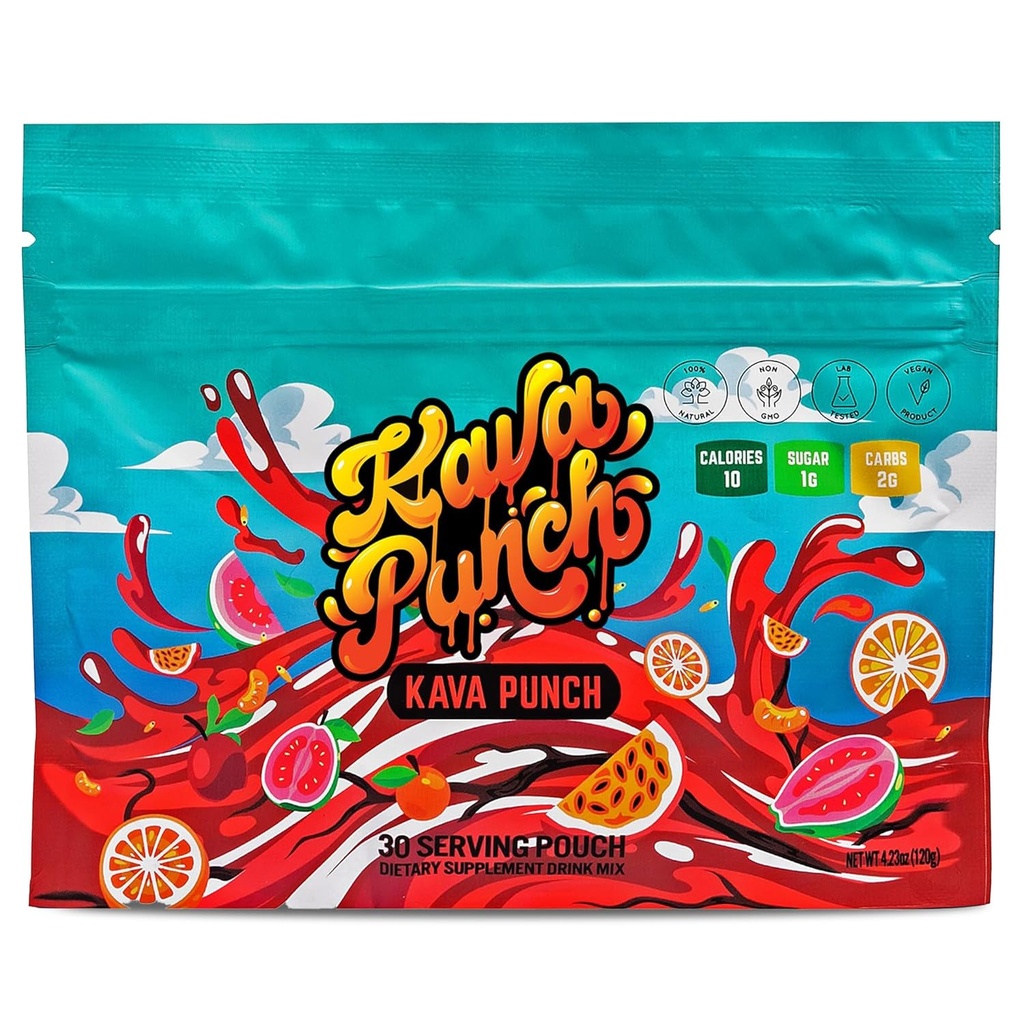 Kava Punch Afslapning Powder - 30 Servering Pouch med Premium Kava Kava Extract Name 124; Daglig Stress Relief Support 124; Non- Alkoholic, Low- Calorie, Sund drik Mix