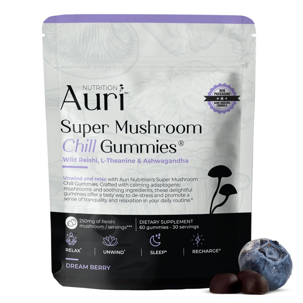 Auri Super Mushroom Chill Gummies - Natural Calming Aid & Stress Reduktion supplement for voksne w / Reishi Mushroom, Ashwagandha, L- Theanine - Unwind Mind & Harmonisere din dag - 60 rolig Gummies