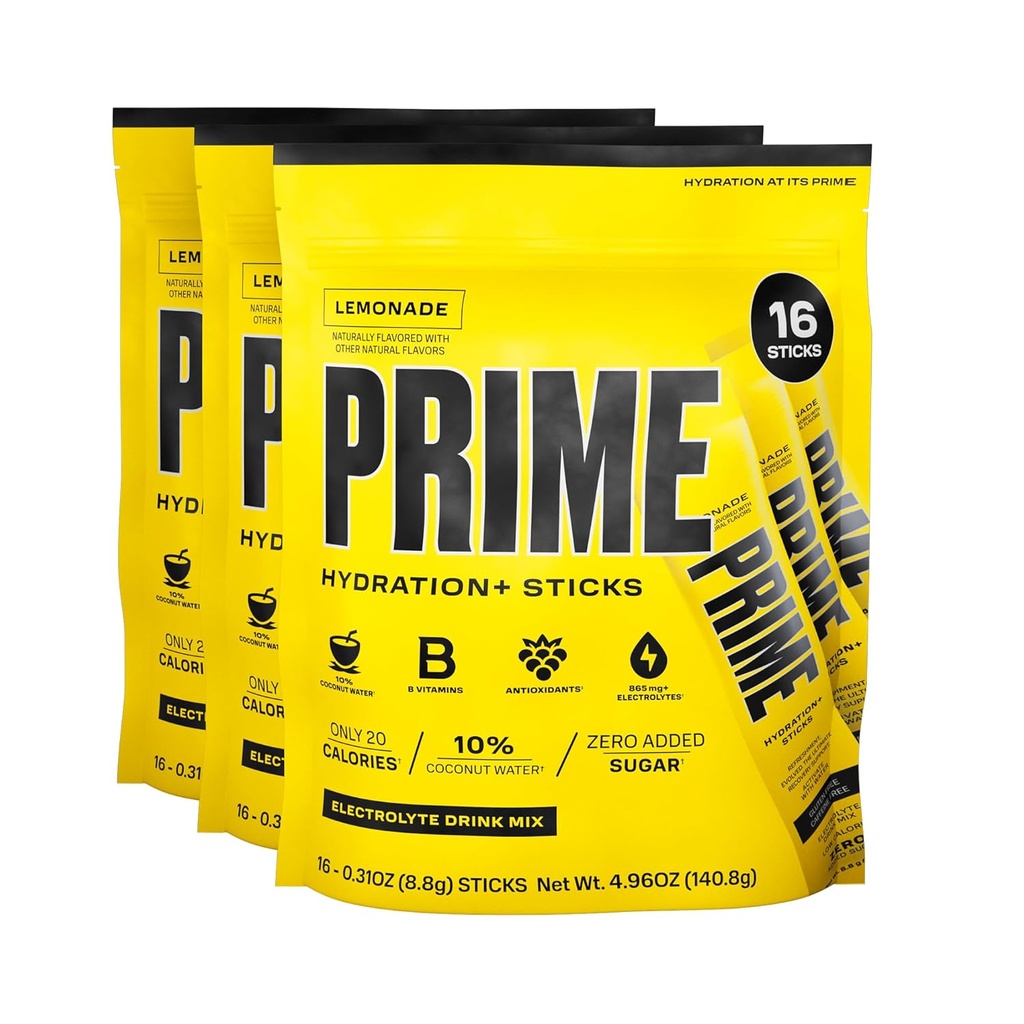 PRIME HYDRATION + Limonade 124; Hydration Powder Single Serve Sticks 124; Electrolyte Powder On The Go - 124; 250mg BCAA, B Vitaminer, Antioxidanter • 124; Lavt sukker • 124; Kaffefri • 124; Vegansk • 124; 48 Sticks