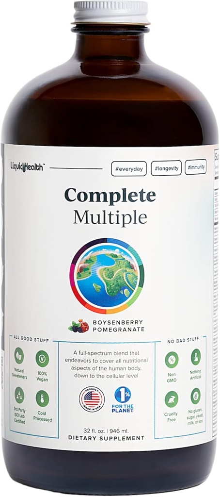 LIQUIDHEALTH Complete Multiple Adult Liquid Multivitamin - Essential Vitamins, Minerals & Nutrients, Immune Support, Gut Health, Energy, Detox - Made in USA, Vegan, Non-GMO, Sugar-Free (32 oz)
