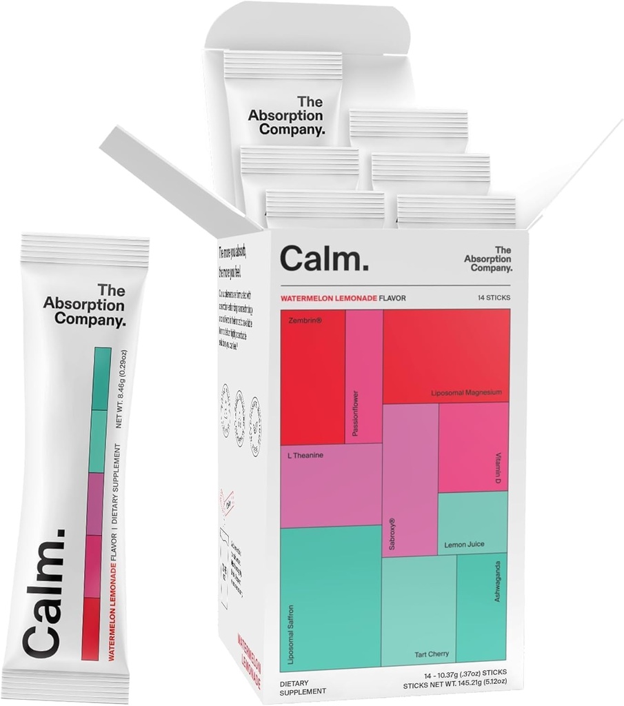 Calm Drink Mix - Afslapning Støtte med Magnesium, Ashwagandha, L-Theanin, & Vitamin D - Understøtter Cortisol forordning og mad til mænd og kvinder - Vandmelon Lemonade Flavor 14 Sticks