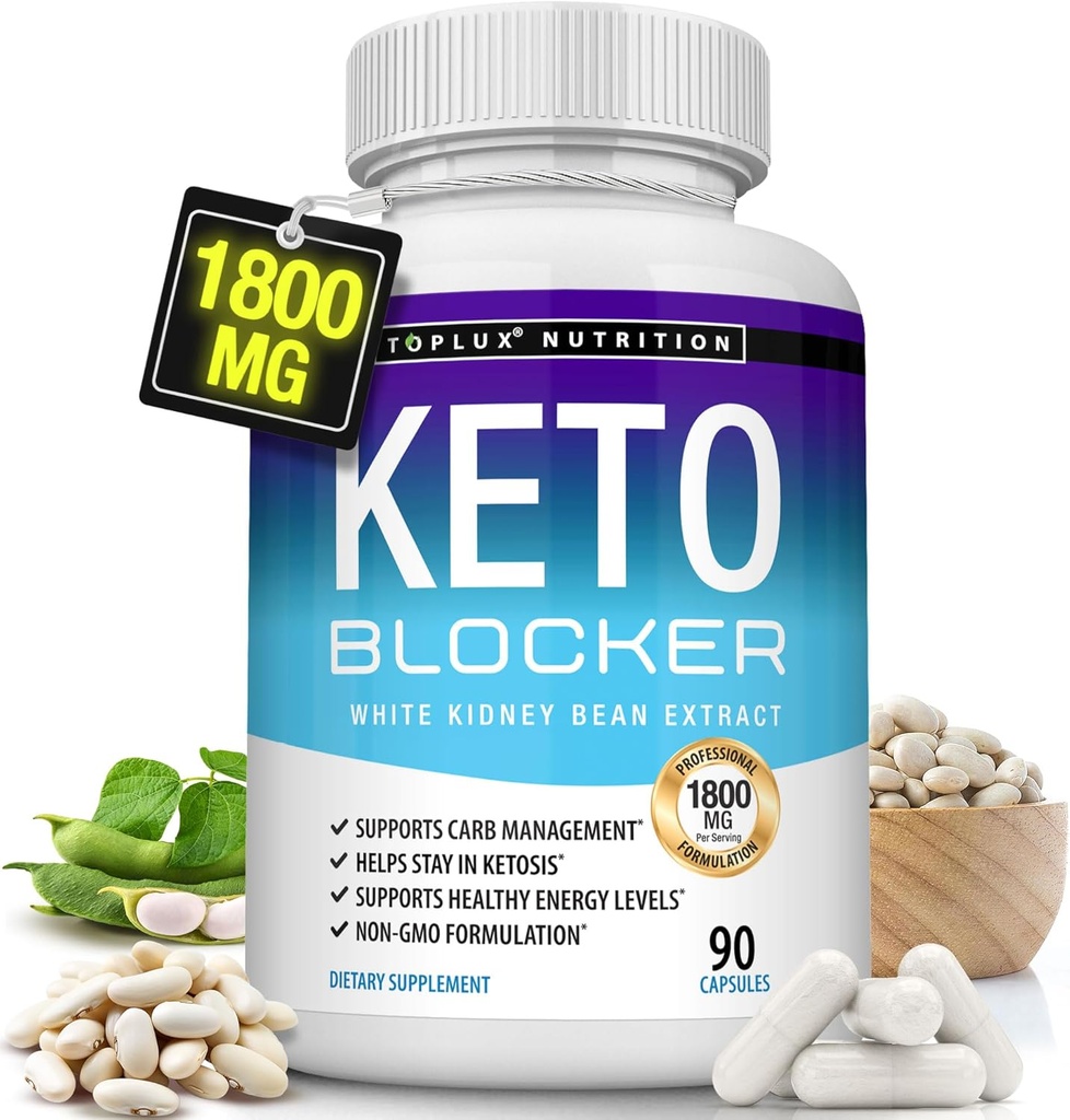 Toplux Keto Blocker Pills White Nyre Bean Extract - 1800 mg Natural Ketosis, Support Keto Diet, for Mænd Kvinder, 90 Kapsler, Supplement