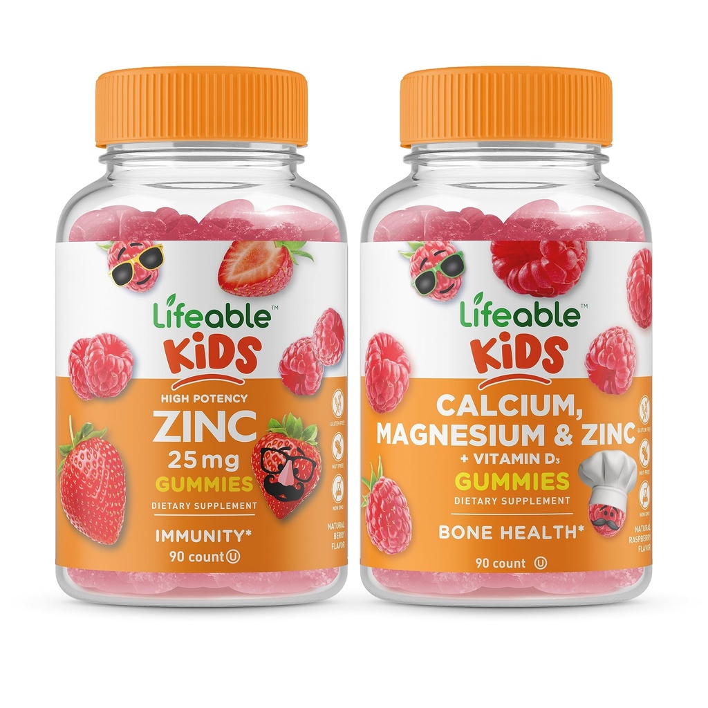 Lifeable Zink 25mg Kids + Calcium Magnesium & Zink Kids, Gummies Bundle - Great Tasting, Vitamin Supplement, Gluten fri, GMO fri, Chewable Gummy