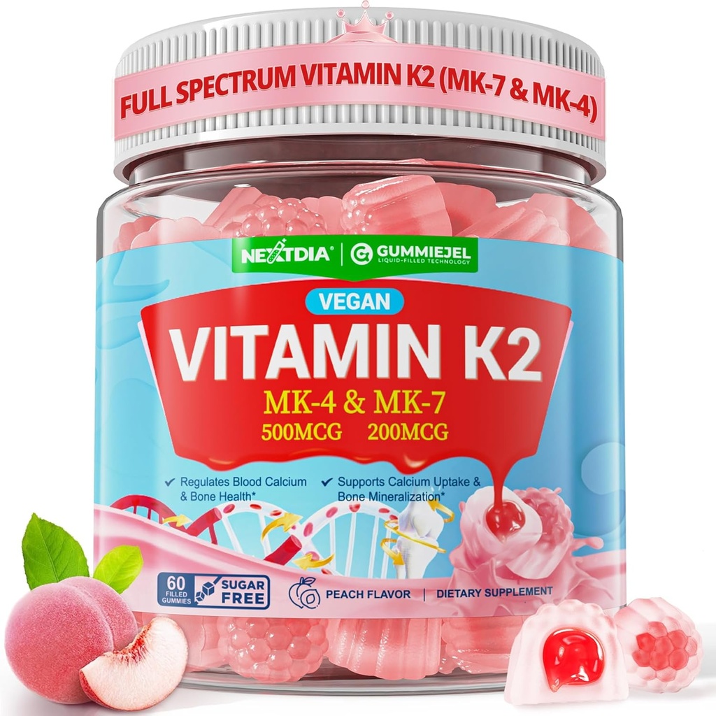 Vitamin K2 Gummies MK- 7 200 mcg & MK-4 500 mcg for kvinder & mænd sukker fri, perfekt 2- IN-1 Fuld Spectrum Vitamin K2 tillæg for ben, Han er ikke, fremmer Calcium Absorption, Brain, tænder, immun, 1Pack