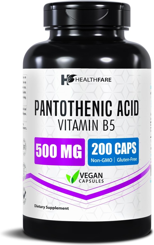 Healthfare Pantothenic Acid 500mg Vitamin B5 Supplements 124; 200 Vegan Kapsler