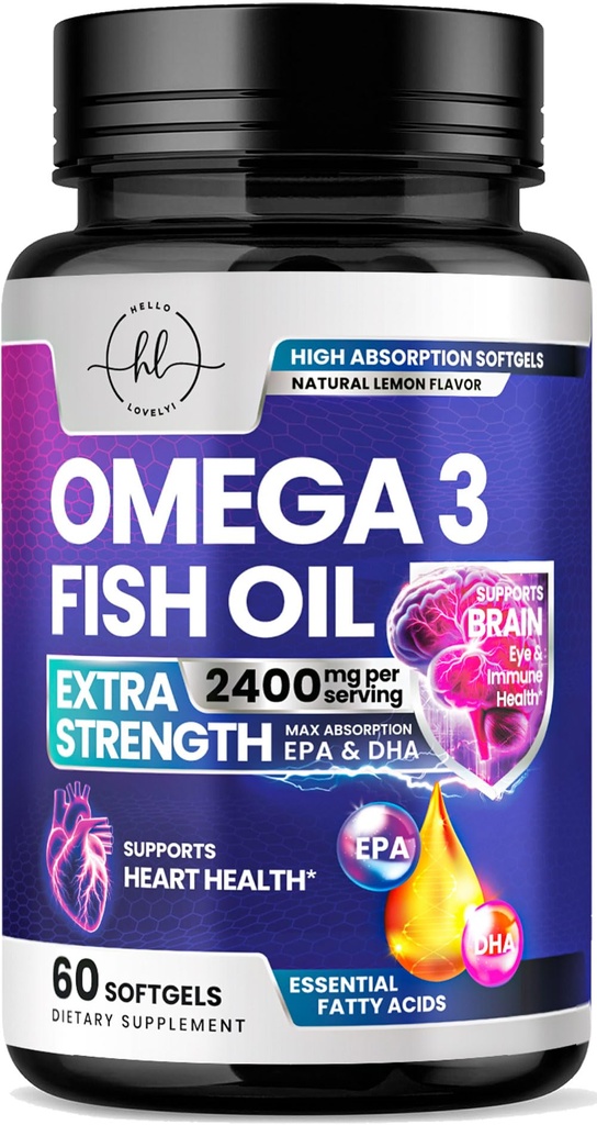 Omega 3 Fish Oil Supplements 2400mg - Triple Strength Omega 3 Fedtsyrer, Natural Heart Health Brain & Joint Support - Fedtsyrer med EPA & DHA - Vilde fanget Fish Oil Supplement - 60 Softgels