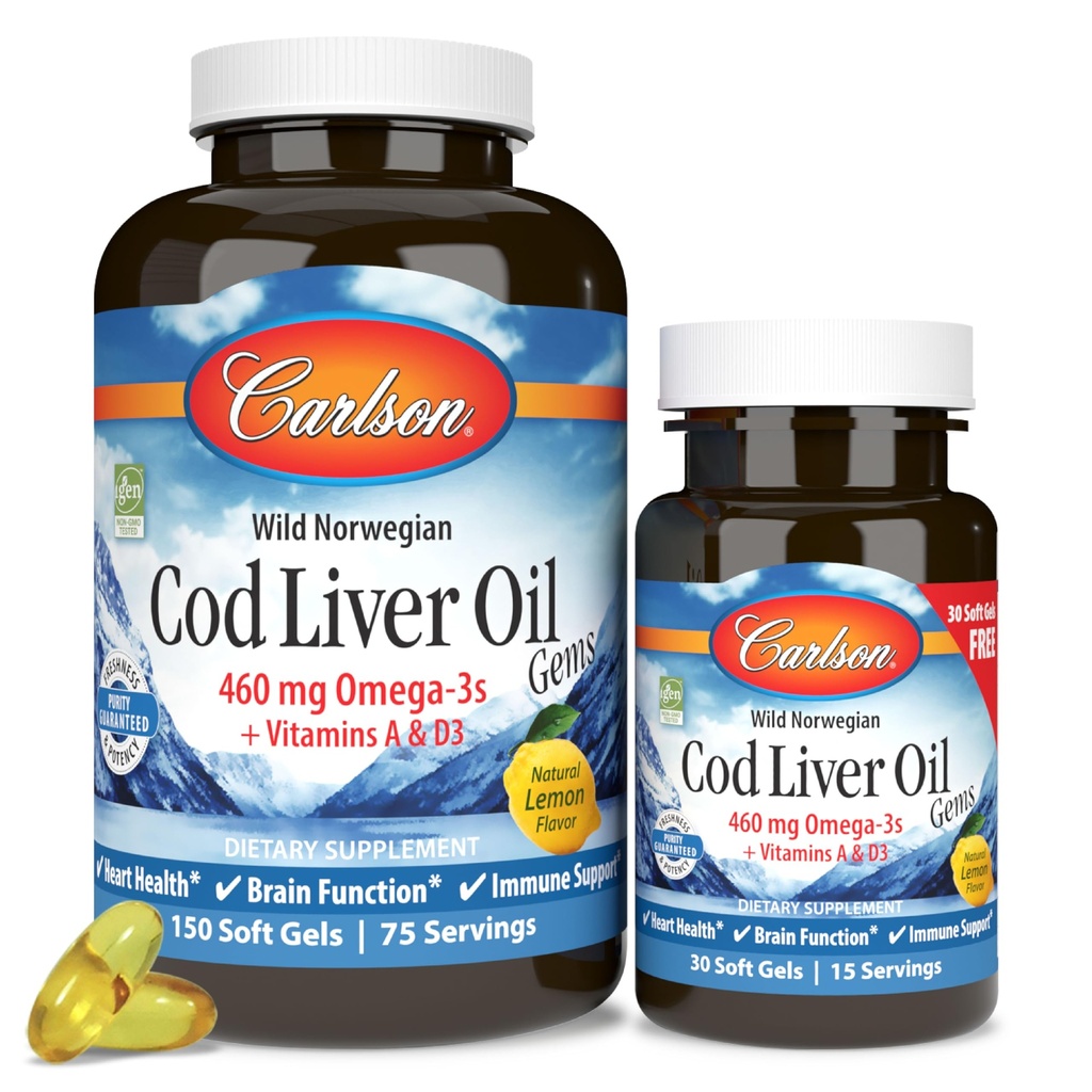 Carlson - Cod Lever Oil Gems, 460 mg Omega- 3s, Plus Vitamin A og D3, Wild Fanget Norwegian Arctic Cod, bæredygtigt sourced Nordic Fish Oil Capsules, Lemon, 150 + 30 Softgels