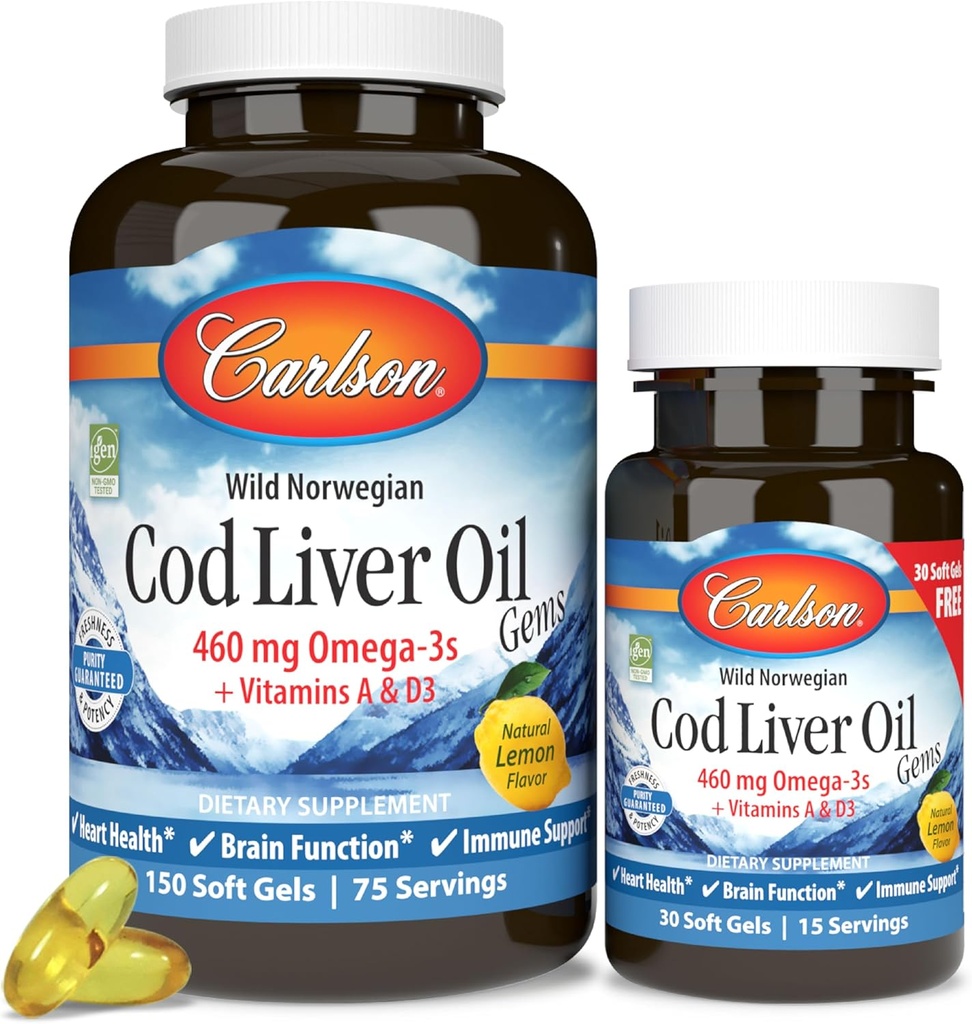 Carlson - Cod Lever Oil Gems, 460 mg Omega- 3s, Plus Vitamin A og D3, Wild Fanget Norwegian Arctic Cod, bæredygtigt sourced Nordic Fish Oil Capsules, Lemon, 150 + 30 Softgels