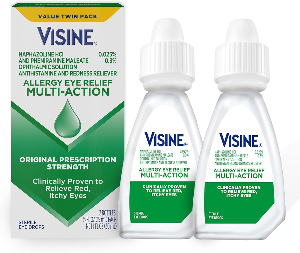 Visin Allergi Eye Relief Multi- Action Antihistamin & Rødme Reliever Eye Drops med Pheniramin Maleate & Naphazoline HCl, Eye Drop Behandling for rød, Itchy, Allergy Eyes, 0,5 fl. oz, 2 Pack
