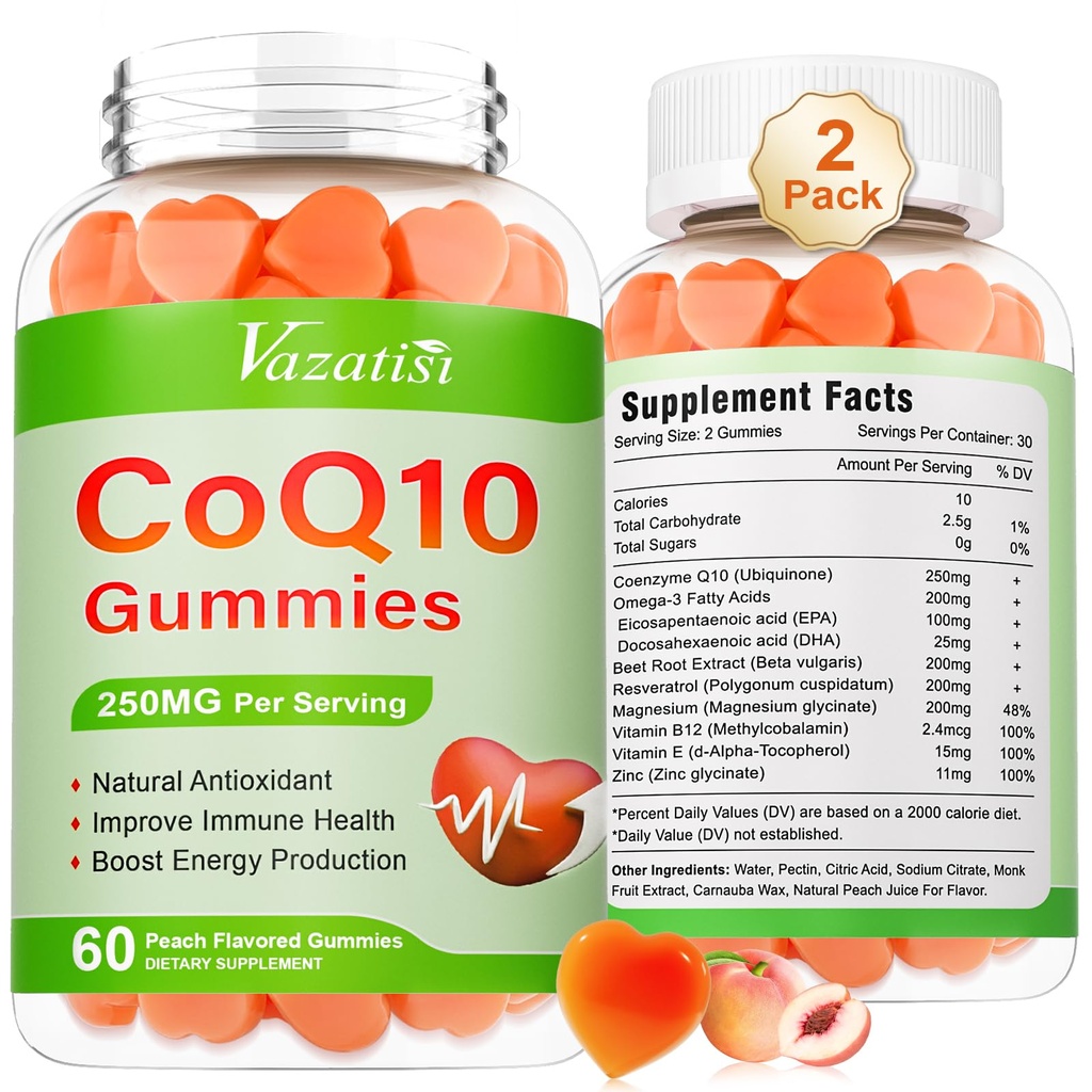 2 Pack CoQ10 Gummies 250 mg, Plus Omega-3, Magnesium, vitamin B12 for cellulær energi, hjerne & antioxidant, 5X Bedre Absorption Coenzym Q10 Supplement - 120 Cts
