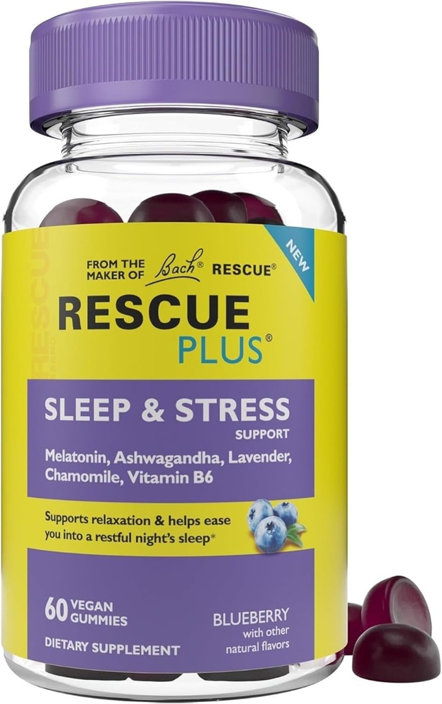 Bach RESCUE PLUS Sleep & Stress Support Gummies, Nighttime Dietary Supplement med 1 mg Melatonin, Ashwagandha, Kamille, Lavender & Vitamin B6, Natural Blueberry Flavor, Vegan & Gluten- Free, 60 Greve