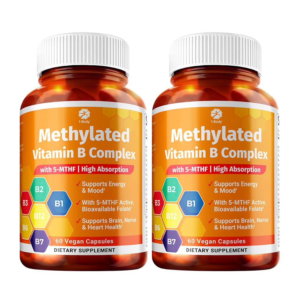 1 Body Vitamin B Complex Twin Pack - 5-MTHF Folat med B1, B2, B5, B6, Methyl B12, Niacin, Biotin - 60 kapsler Hver