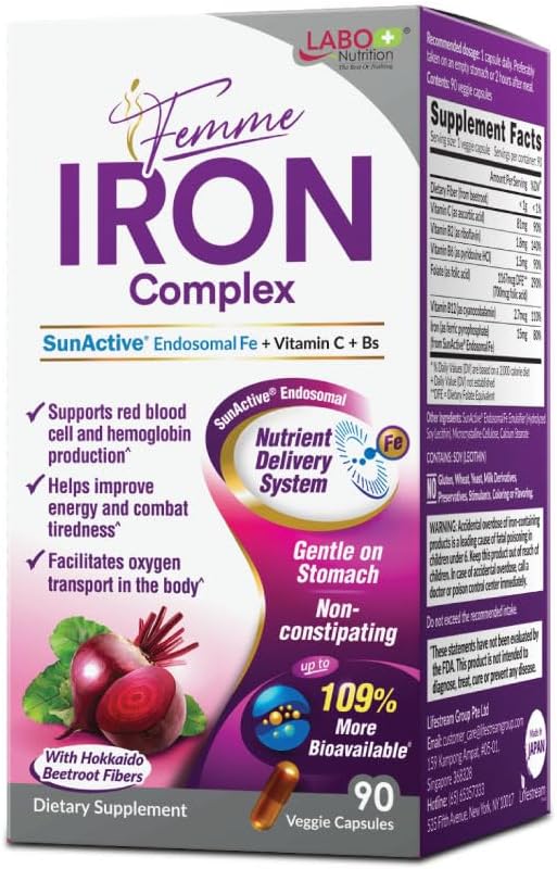 Labo Nutrition Femme Iron endosomal SunAktiv, Non- Irriterende 15mg jerntilskud til blod Builder, Vegan, Gentle, Ingen metallisk eftersmag, Ikke Forstoppelse, Ideel til sensitive stomachs, 90 Greve