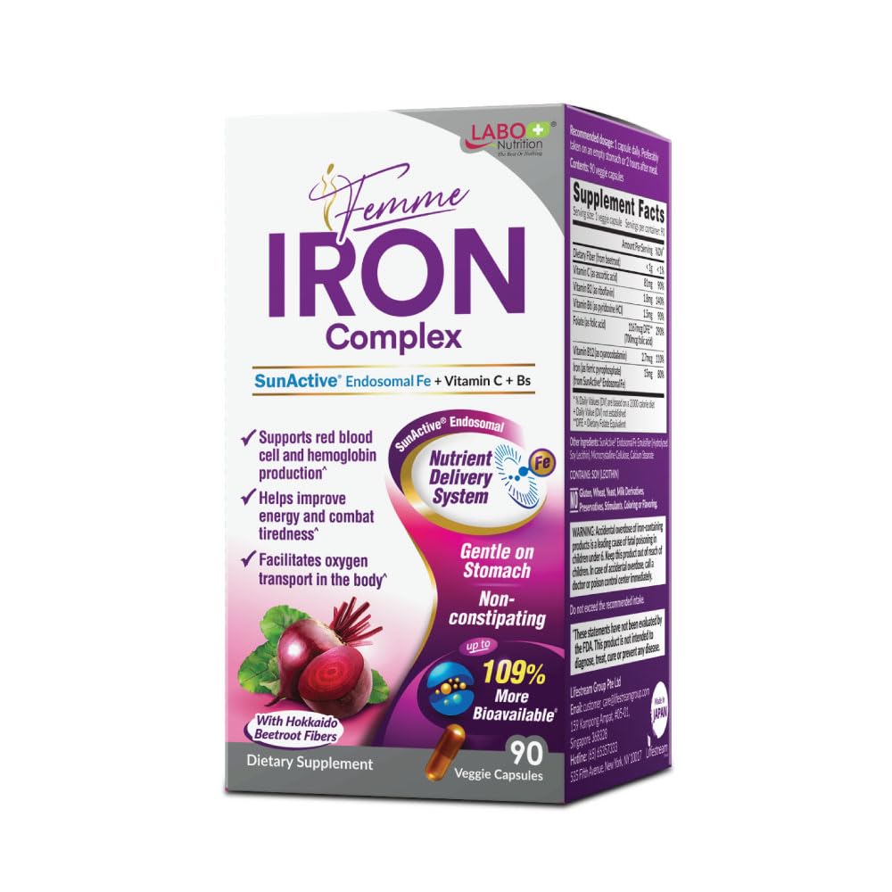 Labo Nutrition Femme Iron endosomal SunAktiv, Non- Irriterende 15mg jerntilskud til blod Builder, Vegan, Gentle, Ingen metallisk eftersmag, Ikke Forstoppelse, Ideel til sensitive stomachs, 90 Greve