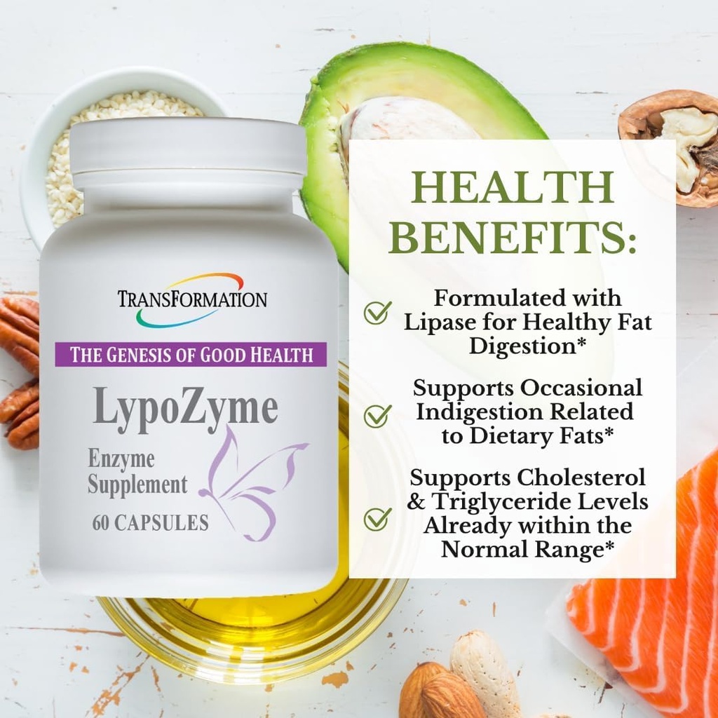 TRANSFORMERING GENESIS AF GOD SUNDHED LypoZyme Enzyme Supplement, Advance Lipase Enzyme Blend for sund fordøjelse og ernæring Absorption, non-GMO, 60 Cap