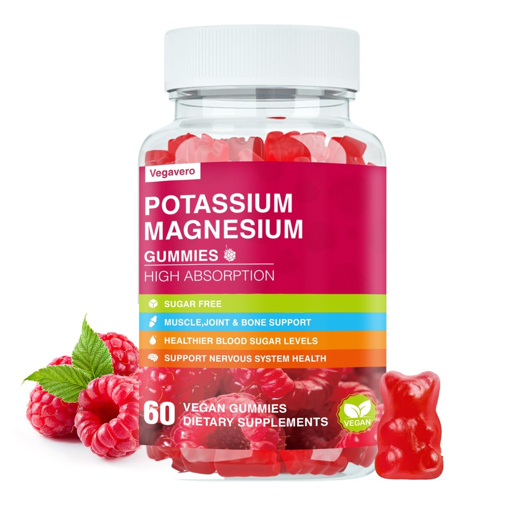 Kalium Magnesium Gummier - Høj Absorption Magnesium Glycinat & Kalium Citrat Plus Coenzym Q10, DHA, D3, Mineral & Calcium til Zzz, Leg kramper & Muscle - 60 Raspberry Gummies