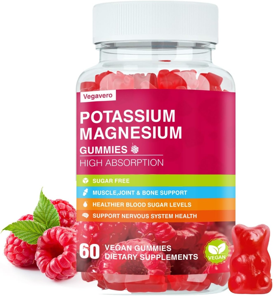 Potassium Magnesium Gummies - High Absorption Magnesium Glycinate & Potassium Citrate Plus Coenzyme Q10, DHA, D3, Mineral & Calcium for Zzz, Leg Cramps & Muscle - 60 Raspberry Gummies