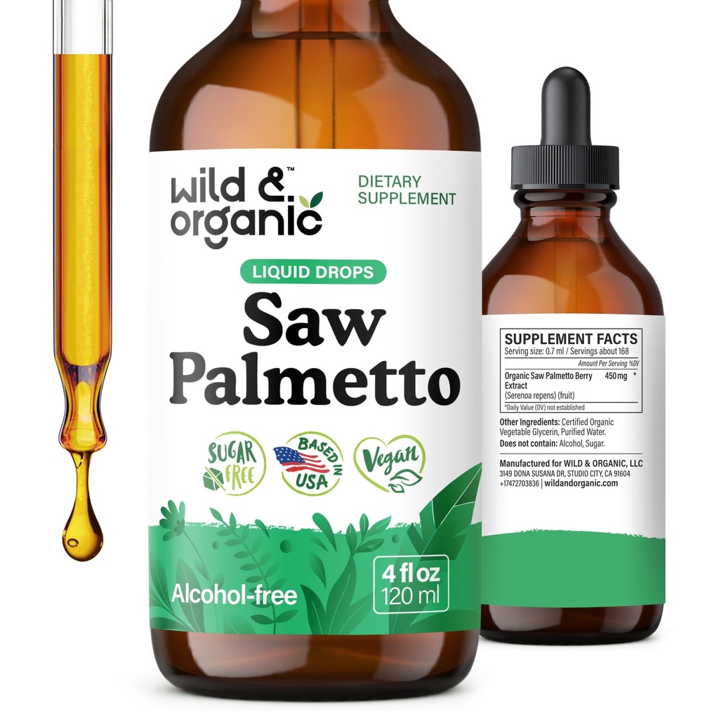 Wild & Organic Saw Palmetto Tincture - Saw Palmetto Extract Supplement for Mænd & Kvinder - Flydende pulverbaserede dråber - Serenoa Repens Berries - Vegan, Sukker & Alkohol- Free - 4 fl oz