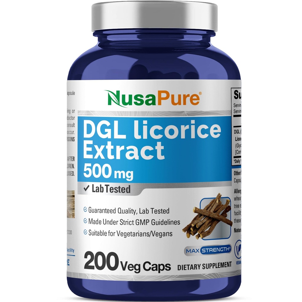 NusaPure DGL Lacorice Extract 500 mg 200 Veggie Capsules (Vegan, Non- GMO)