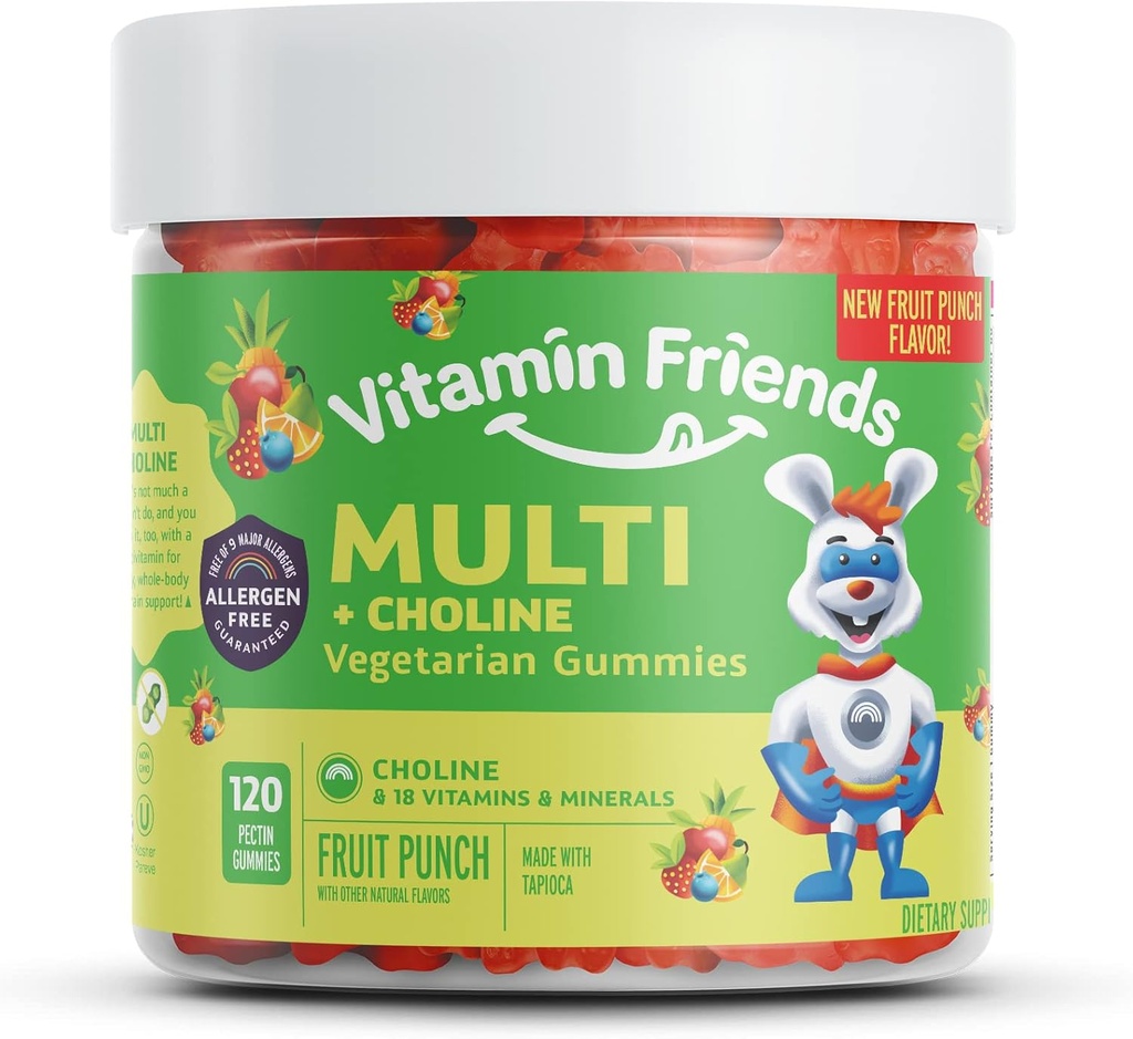 Vitamin Friends - Vegetarisk Multivitamin & Cholin til børn - Daglig Nutritional Support Gummies w / C-vitamin, D, E, A, B6, Zink, Folinsyre, Cholin, Selen, Niacin, Thiamin, Biotin (30 dages forsyning)