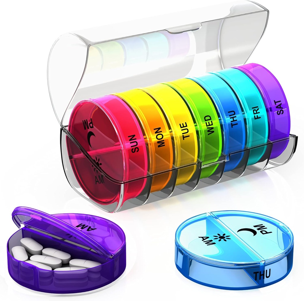 Ugentlig Pill Organizer 2 gange om dagen - Stor kapacitet -Travel Pill Box 7 dag med lufttæt låg - Bærbar Pill sag til purse - Ideel til vitaminer, kosttilskud og fiskeolie piller (Rainbow)