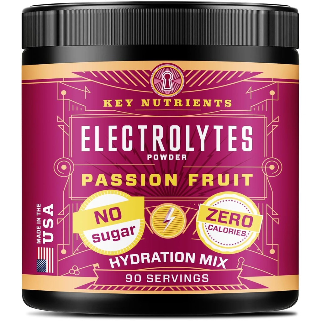 KEY NUTRIENSER Multivitamin Electrolytes Powder No Sugar - Lækker Passion Fruit Electrolyte Powder - Endurance & Energy Supplement - Hydration Powder - Ingen kalorier - 90 Servering - Made in USA