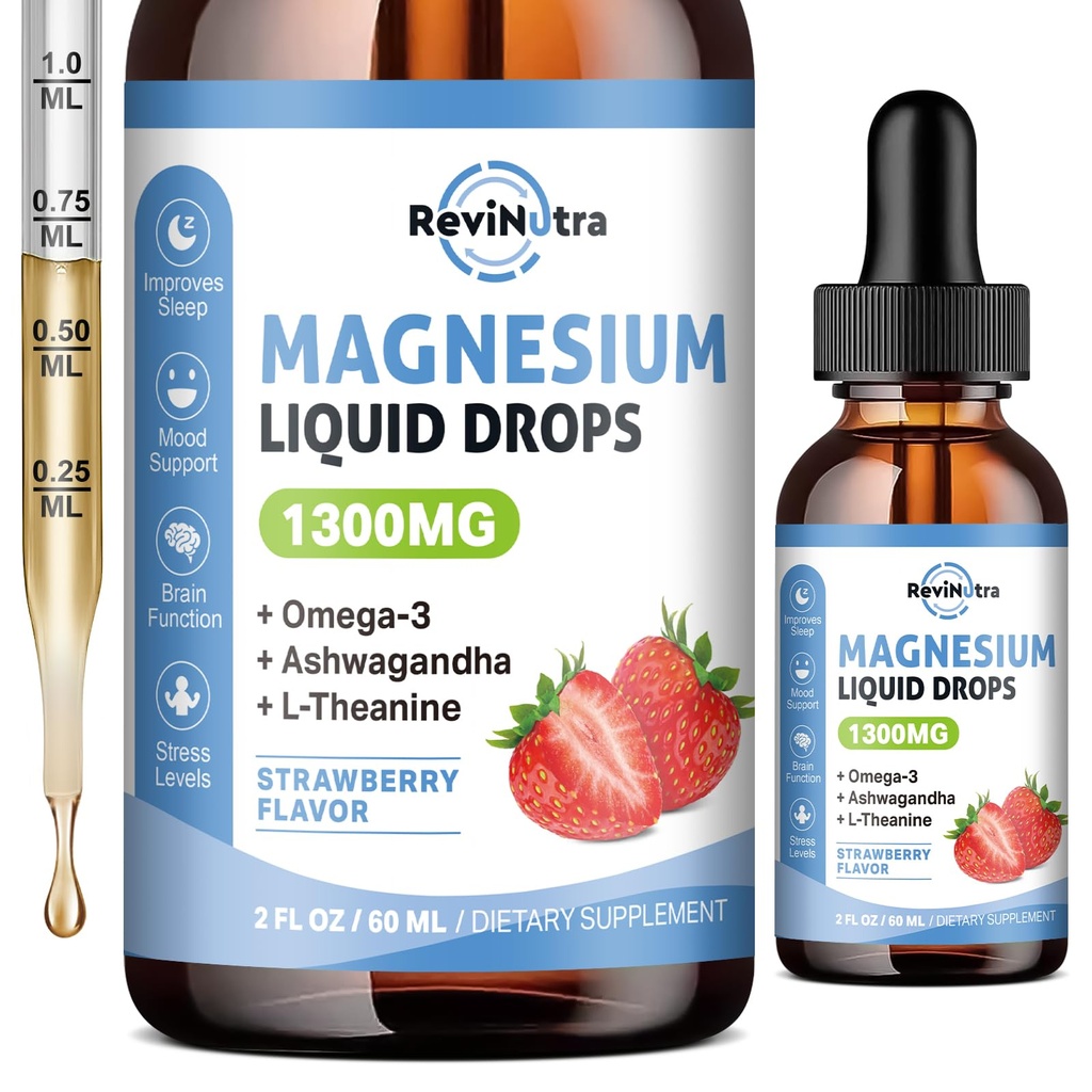 Triple Magnesium Complex Liquid Drops, 1300mg Magnesium Glycinat, Taurat & Citrate med Omega3, L- Theanine, Ashwagandha, Kalium, D3, B6, B12 for ro, søvn, muskel, Strawberry Flavor, 2 Fl OZ