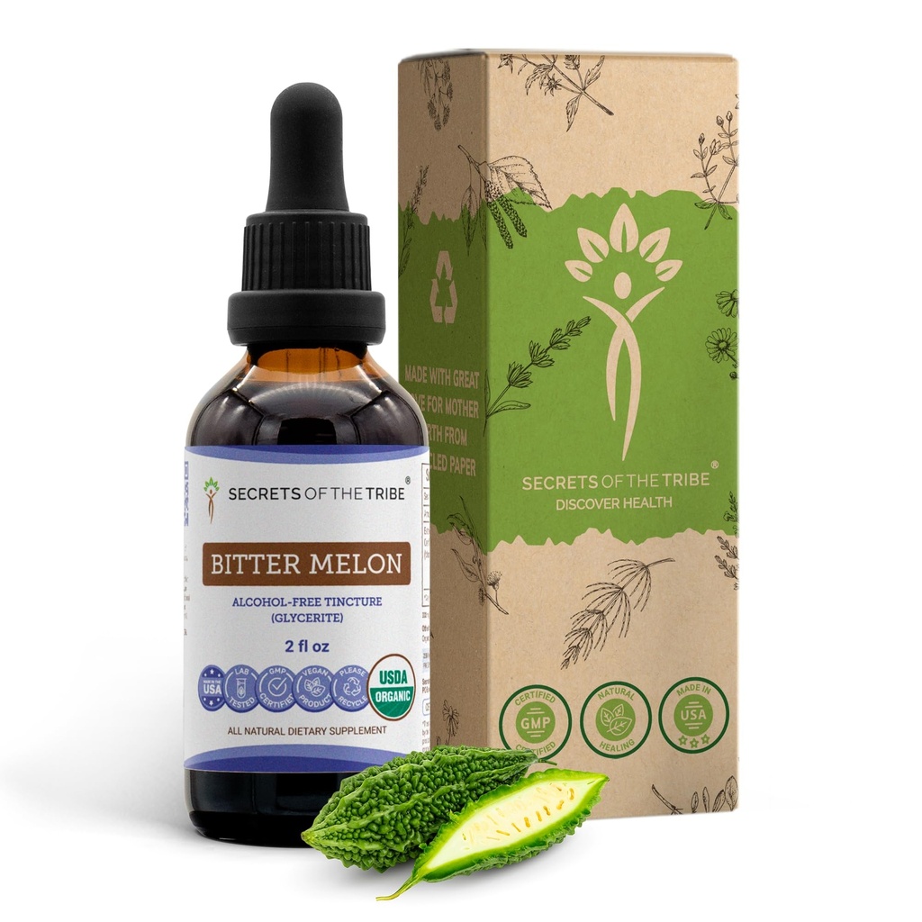 Hemmeligheder af Tribe Bitter Melon USDA Økologisk Mezzogiorno 124; Alkohol- Free Extract, High- Potency Herbal Drops Mezzogiorno 124; Fremstillet af 100% Certificeret Organisk Mezzogiorno (Momordica Charantia) Tørret frugt 2 OZ
