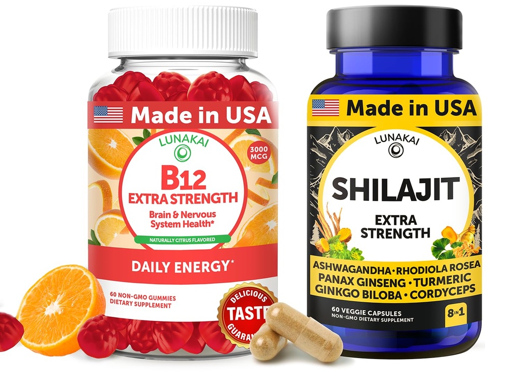Lunakai USA Made B12 Gummies & Shilajit Kapsler Bundle - Ekstra styrke Daglig energi & wellness support