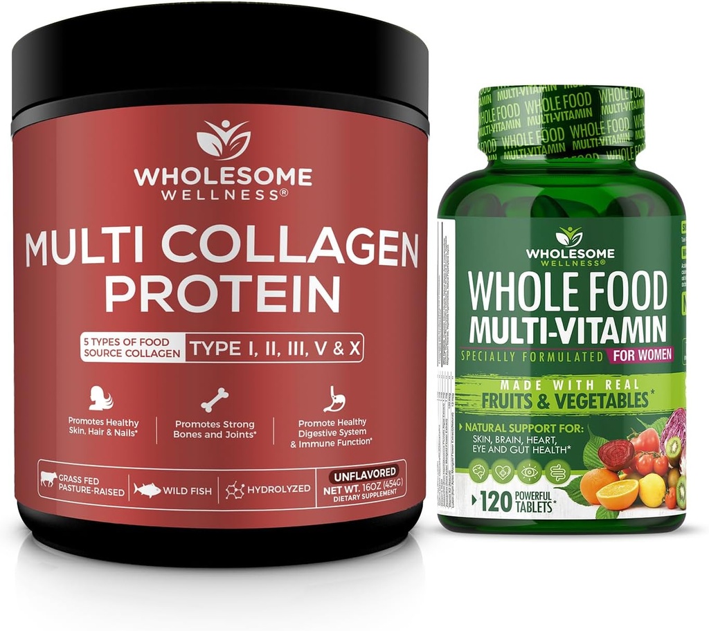 Hele fødevarer Multivitamin til kvinder + Multi Collagen Protein Powder Hydrolyseret (type I II III V X) Bundle