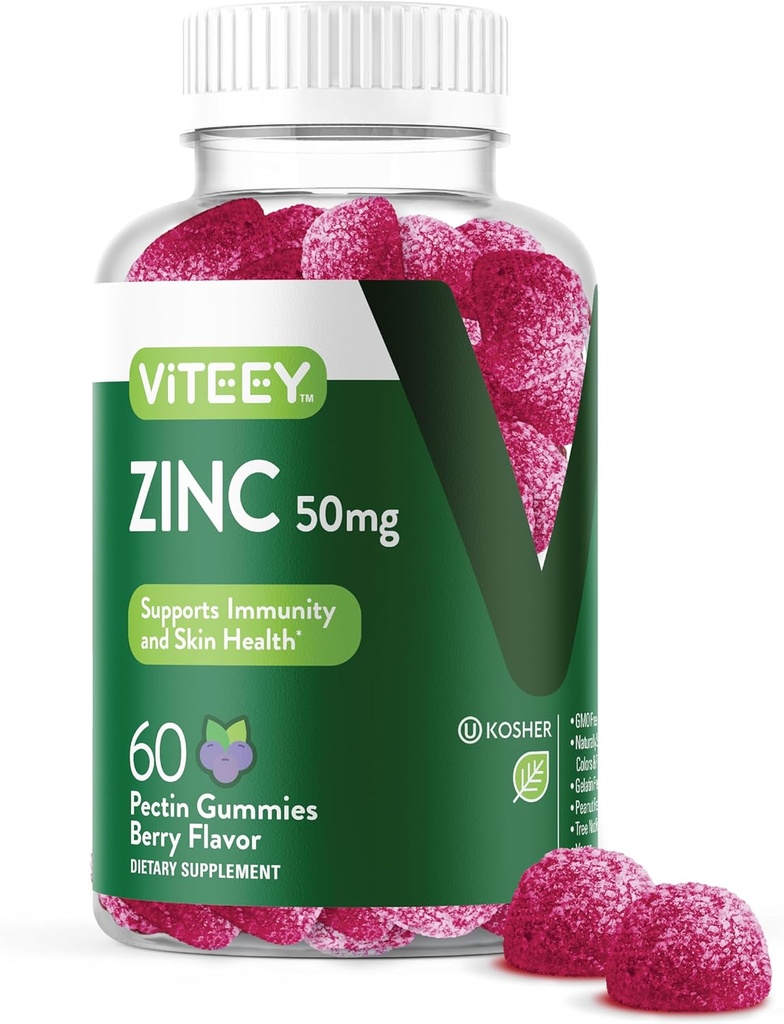 VITEEY Zink gummier til mænd og kvinder - Zink kosttilskud 50mg - immunboost & hudsundhed - Vegan, Gluten Free - 60 Greve
