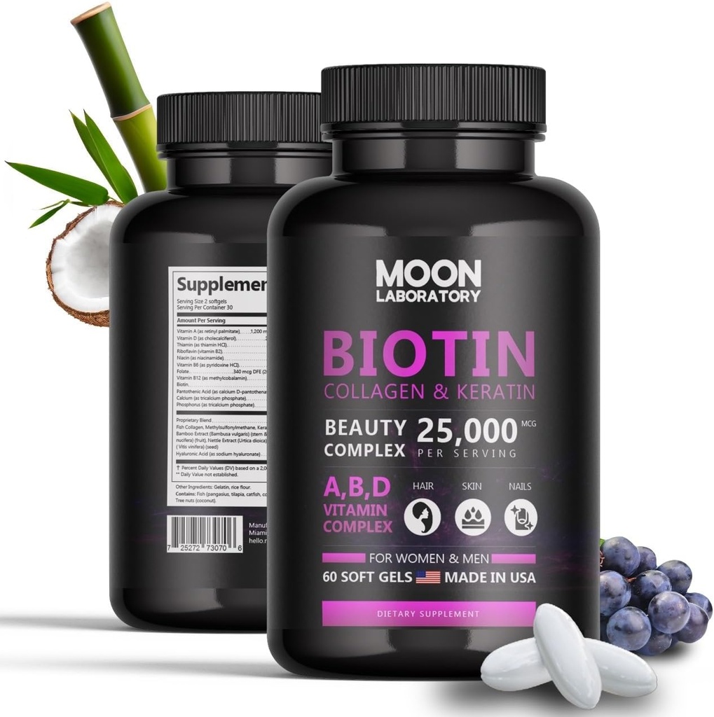 Premium Biotin 5.000 mcg Beauty Complex med Collagen, Keratin, Hyaluronsyre, vitamin A, D3, B- Complex, Calcuim & Kokosolie. Hårvækst, negle, hud. For mænd og kvinder. 60 Softgels