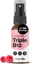 Kompleks Vegansk Vitamin Triple B12 Flydende Spray- 1500 mcg Blend (60 Servering) Raspberry Flavor - Forbedret Absorption, Energi, Mood, Nervesystemet, Kognitiv funktion for børn og voksne