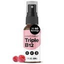 Kompleks Vegansk Vitamin Triple B12 Flydende Spray- 1500 mcg Blend (60 Servering) Raspberry Flavor - Forbedret Absorption, Energi, Mood, Nervesystemet, Kognitiv funktion for børn og voksne