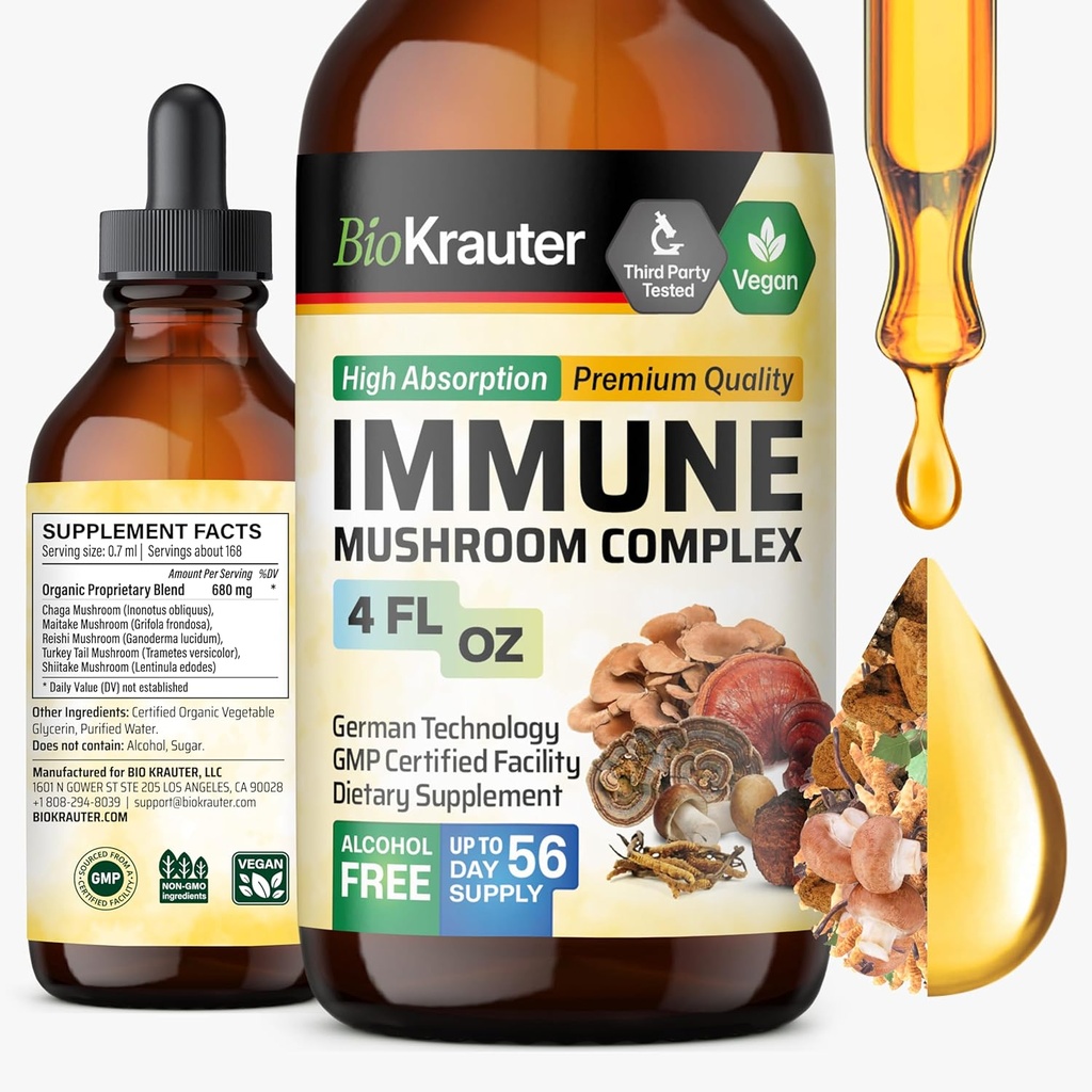 BIO KRAUTER immunforsvar Mushroom Supplement - Lions Mane, Shiitake, Tyrkiet Tail, Reishi, Chaga & Maitake flydende ekstrakt - Mushroom Complex tincture - Vegan Drops 4 Fl.Oz.
