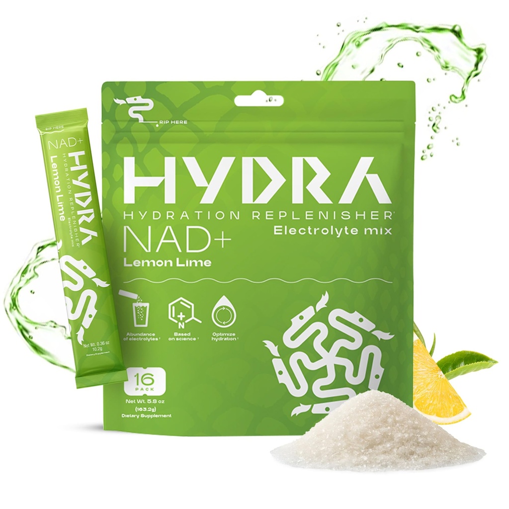 Hydra Powders NAD + Nutrients Electrolyte Powder Pakker, Anti Aging Daglig hydrering Pakninger, Lavnatrium Electrolytes Powder, Electrolyte Drink Mix Low Sugar - 16 Electrolyte Pakker Lemon Lime