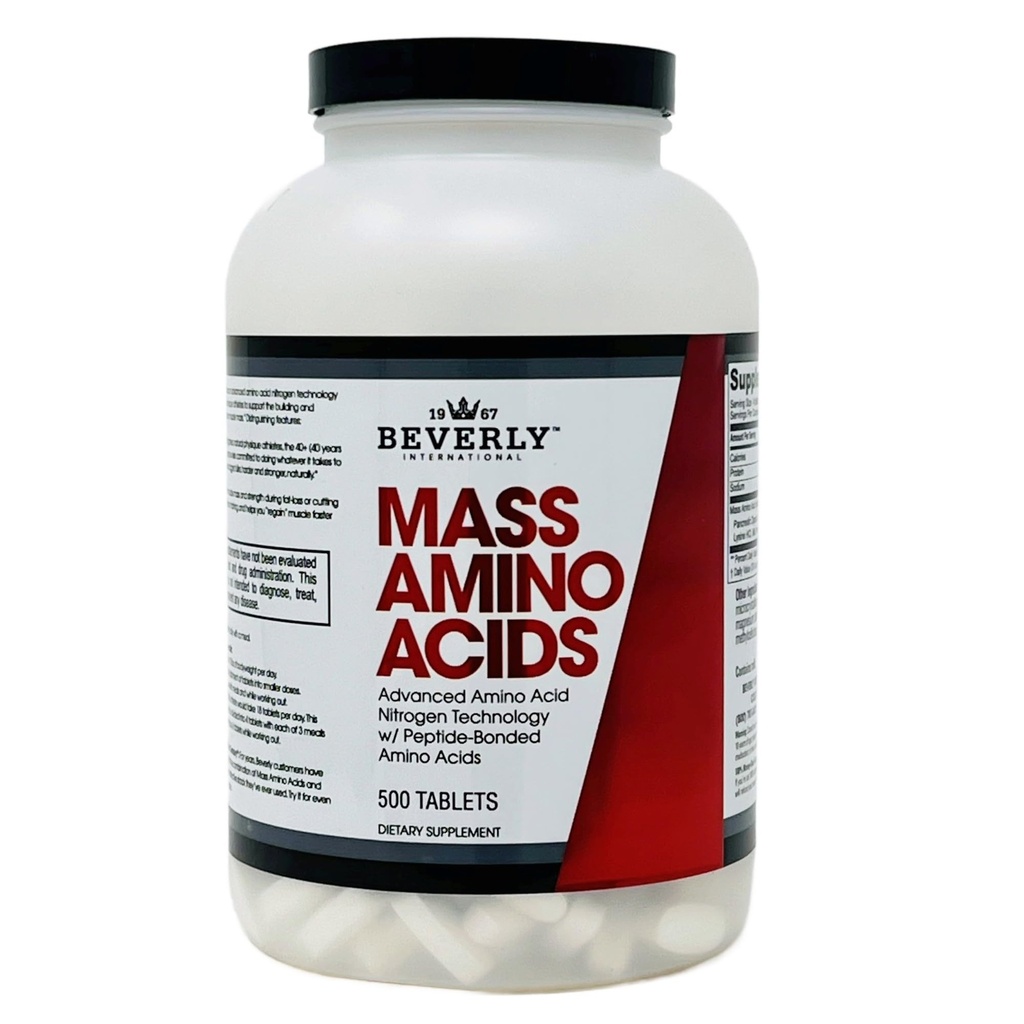 Beverly International Mass Aminosyrer, 500 Tabs. Brug Pre-Post Workout, med Måltider, Essential for Muscle Recovery og Reparation. Komplet Aminosyreprofil