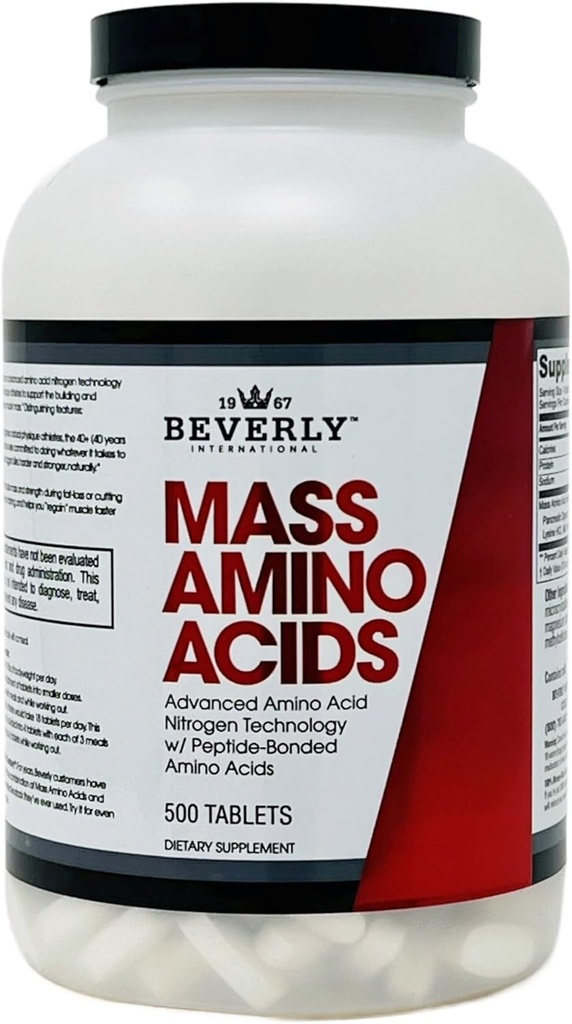 Beverly International Mass Aminosyrer, 500 Tabs. Brug Pre-Post Workout, med Måltider, Essential for Muscle Recovery og Reparation. Komplet Aminosyreprofil